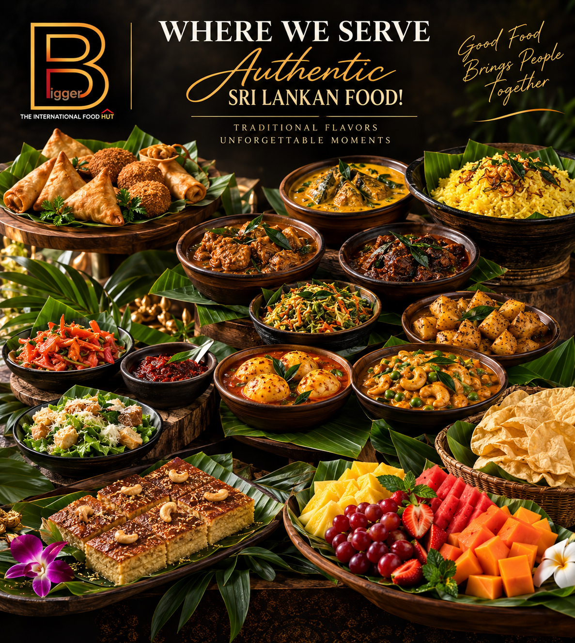 A spread of authentic Sri Lankan dishes, catered by Bigger — The International Food Hut.