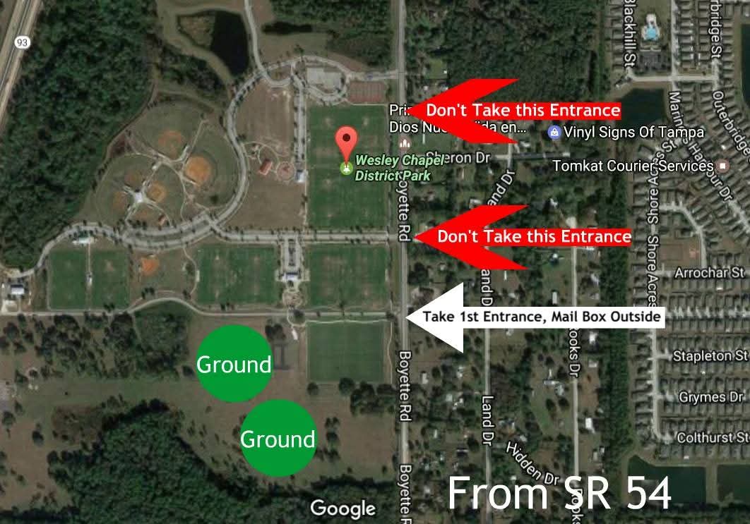 Map showing which entrance to take to reach the cricket grounds at Wesley Chapel District Park